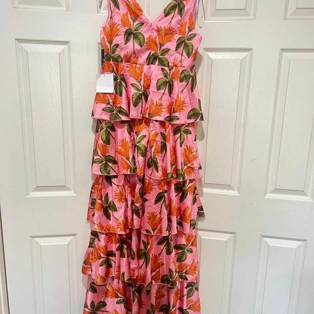 LULUS Party In Palm Springs Pink Floral Tiered Maxi Dress Satin Size medium - Picture 8 of 13